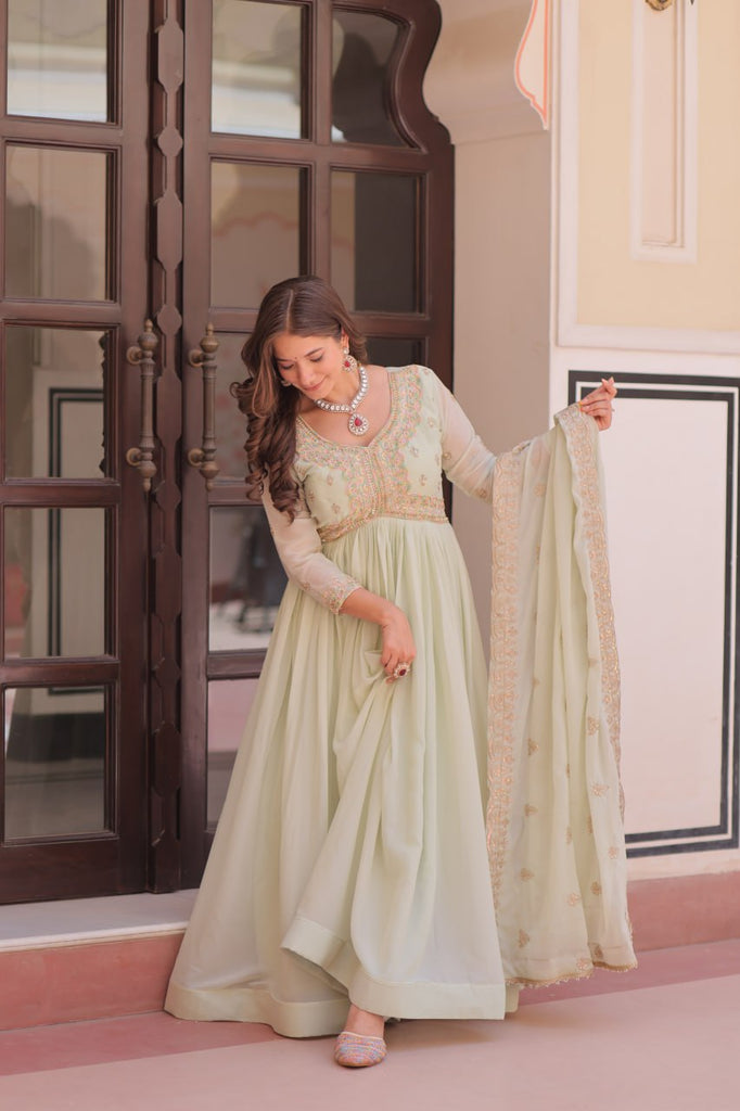 Pista Star Georgette Gown with Dupatta – Beads & Sequins Multi-Embroidery ClothsVilla