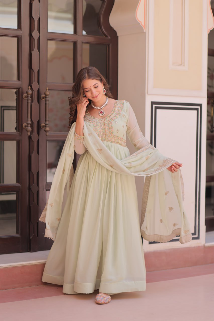 Pista Star Georgette Gown with Dupatta – Beads & Sequins Multi-Embroidery ClothsVilla