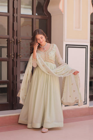 Pista Star Georgette Gown with Dupatta – Beads & Sequins Multi-Embroidery ClothsVilla