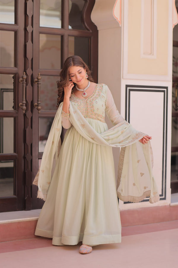 Pista Star Georgette Gown with Dupatta – Beads & Sequins Multi-Embroidery ClothsVilla