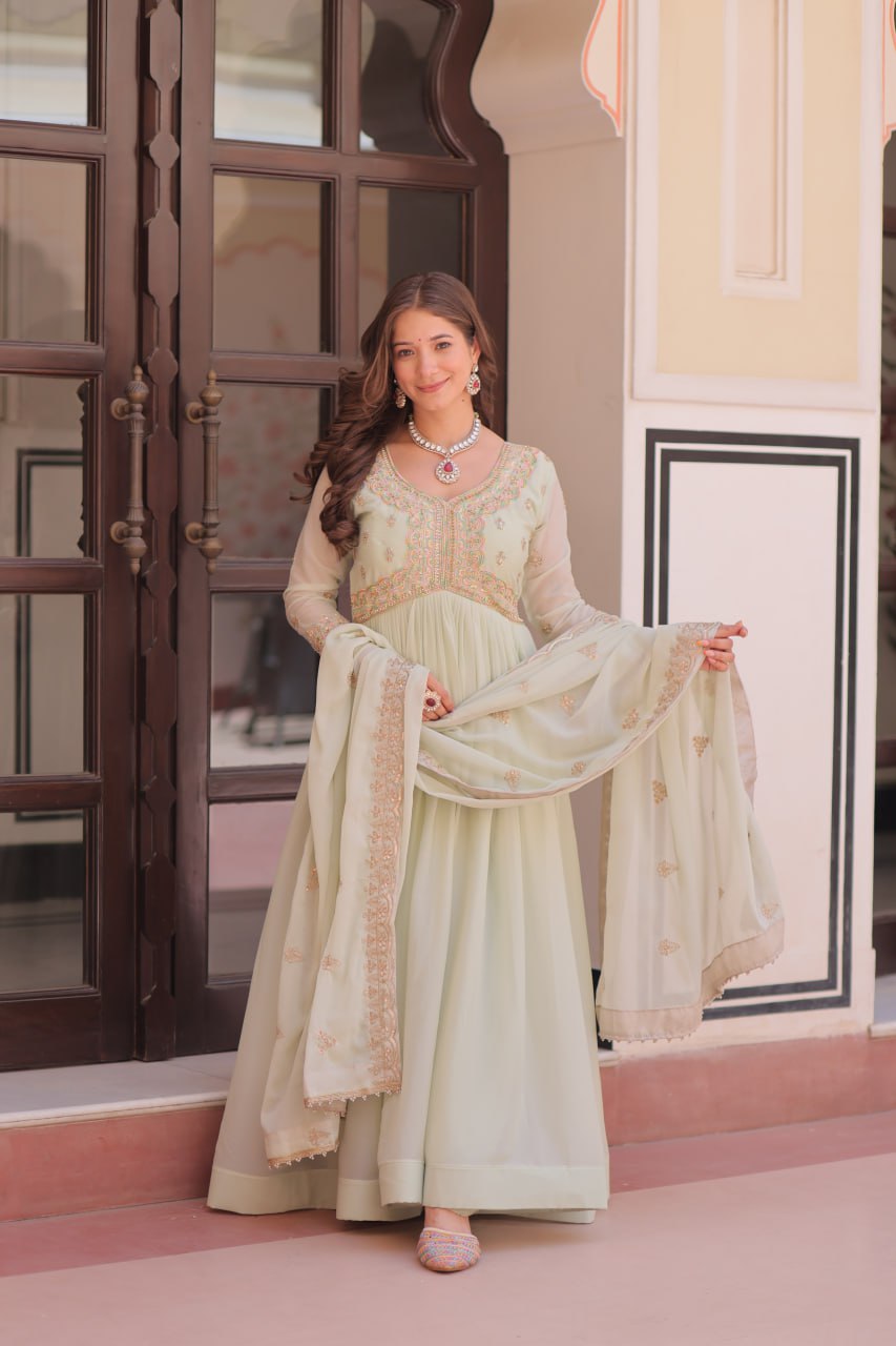Pista Star Georgette Gown with Dupatta – Beads & Sequins Multi-Embroidery ClothsVilla Main image