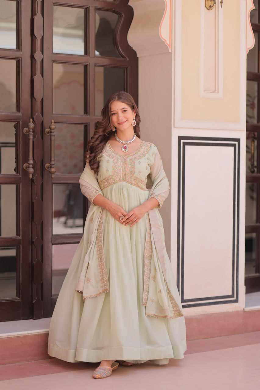 Pista Star Georgette Gown with Dupatta – Beads & Sequins Multi-Embroidery ClothsVilla