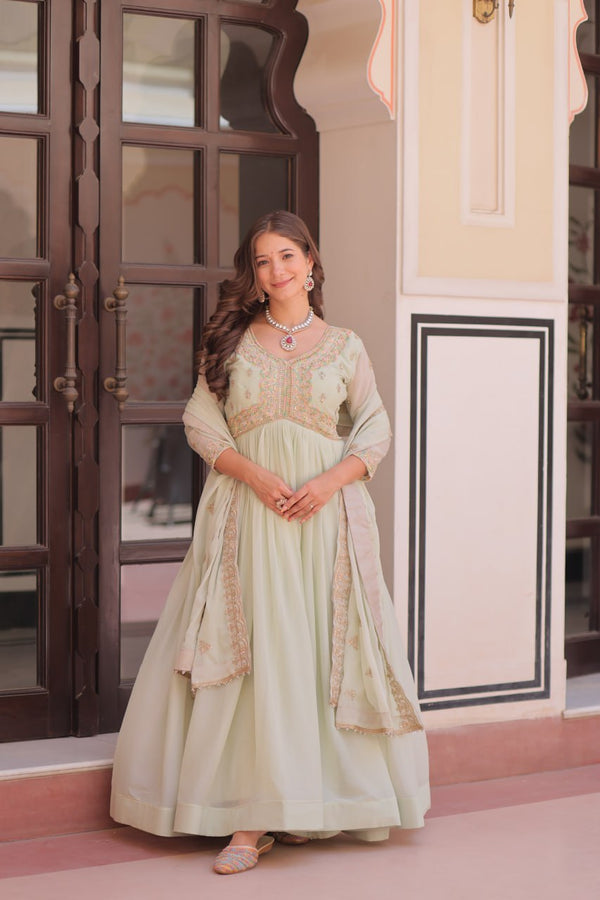 Pista Star Georgette Gown with Dupatta – Beads & Sequins Multi-Embroidery ClothsVilla