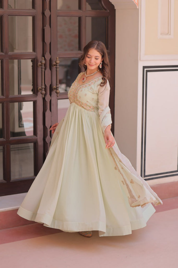 Pista Star Georgette Gown with Dupatta – Beads & Sequins Multi-Embroidery ClothsVilla