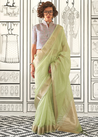 Pista Timeless Elegance Moss Chiffon Silk Saree – Grand & Bestselling Design ClothsVilla