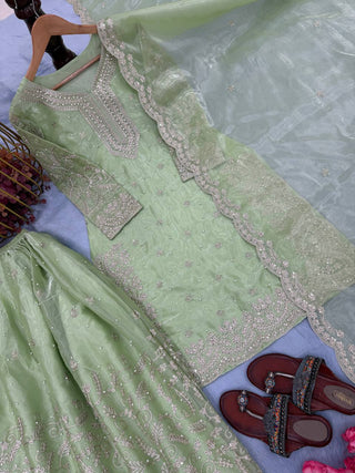 Pista  Organza Embroidered Plazzo Set with Heavy 3mm Sequins, Coding Dori & Moti Hand Work – Fancy Sleeves, Full Stitched ClothsVilla