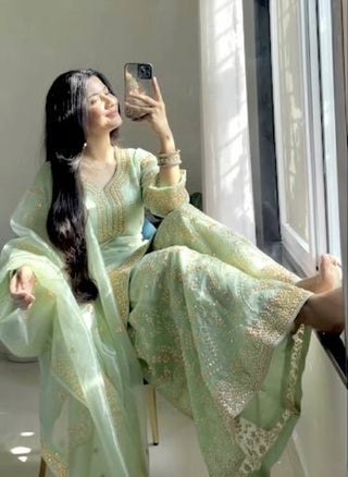 Pista  Organza Embroidered Plazzo Set with Heavy 3mm Sequins, Coding Dori & Moti Hand Work – Fancy Sleeves, Full Stitched ClothsVilla