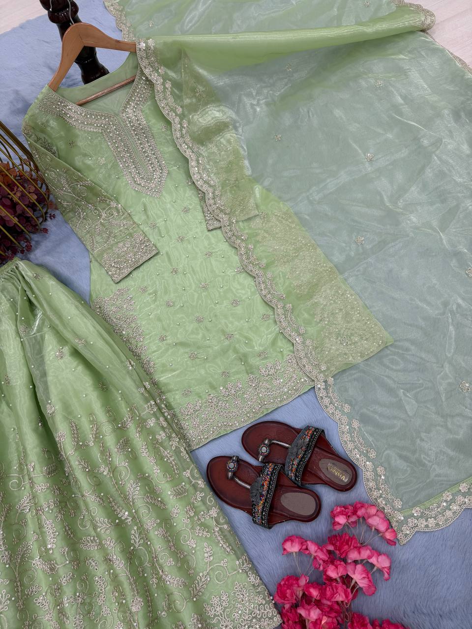 Pista  Organza Embroidered Plazzo Set with Heavy 3mm Sequins, Coding Dori & Moti Hand Work – Fancy Sleeves, Full Stitched ClothsVilla