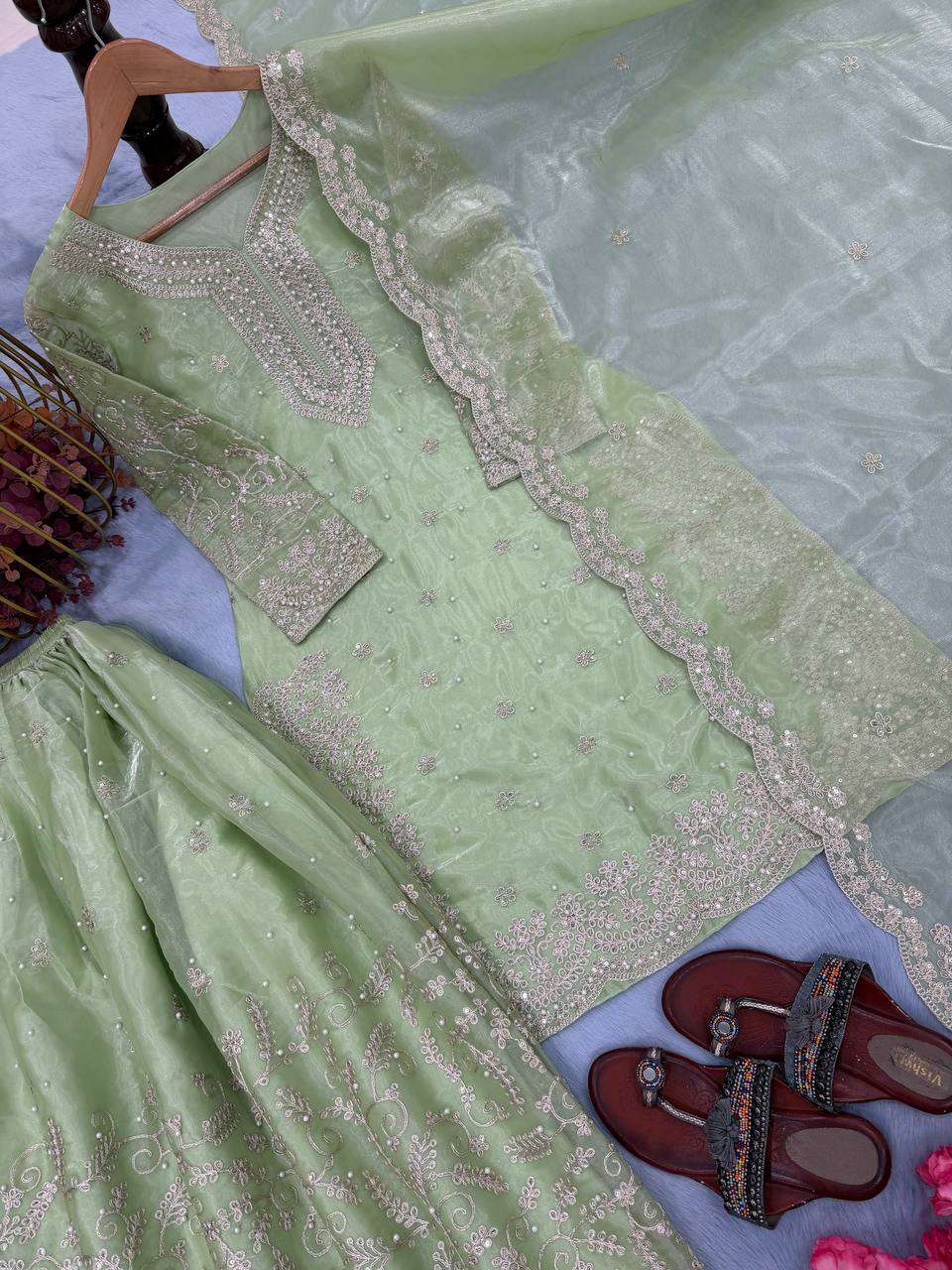 Pista  Organza Embroidered Plazzo Set with Heavy 3mm Sequins, Coding Dori & Moti Hand Work – Fancy Sleeves, Full Stitched ClothsVilla