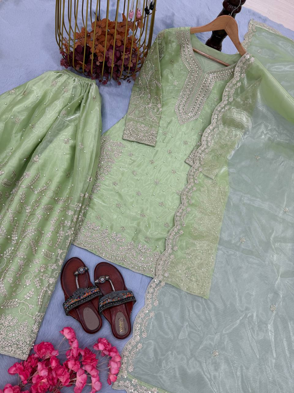 Pista  Organza Embroidered Plazzo Set with Heavy 3mm Sequins, Coding Dori & Moti Hand Work – Fancy Sleeves, Full Stitched ClothsVilla