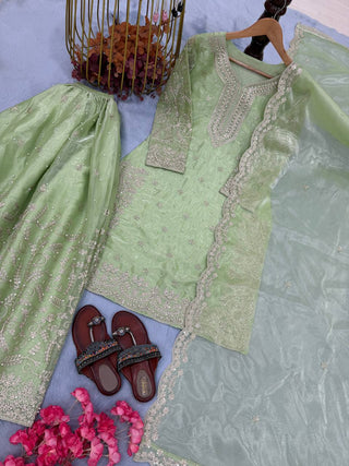 Pista  Organza Embroidered Plazzo Set with Heavy 3mm Sequins, Coding Dori & Moti Hand Work – Fancy Sleeves, Full Stitched ClothsVilla