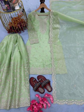 Pista  Organza Embroidered Plazzo Set with Heavy 3mm Sequins, Coding Dori & Moti Hand Work – Fancy Sleeves, Full Stitched ClothsVilla