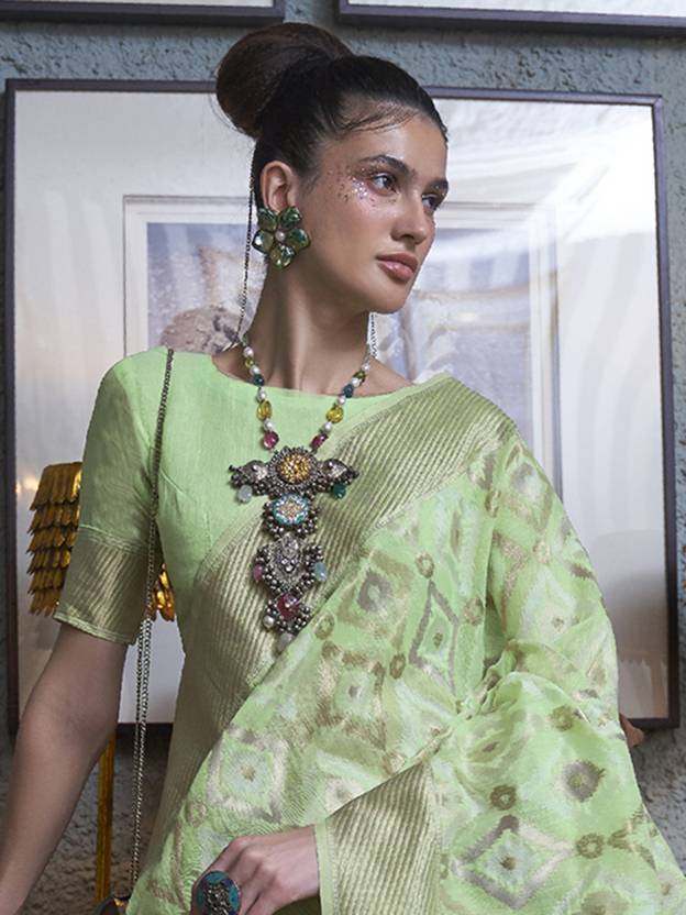 Pista Traditional Linen Banarasi Saree with Unstitched Blouse Piece Secondary image