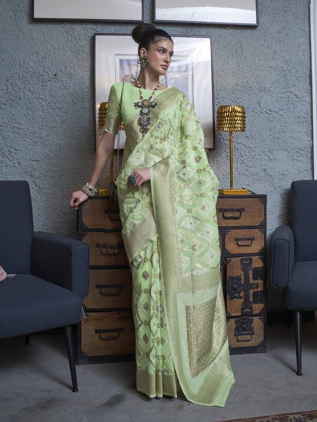 Pista Traditional Linen Banarasi Saree with Unstitched Blouse Piece ClothsVilla