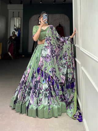 Pista Vibrant Floral Print Tussar Silk Lehenga Set with Gotta Patti Border & Tassels