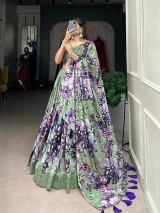 Pista Vibrant Floral Print Tussar Silk Lehenga Set with Gotta Patti Border & Tassels
