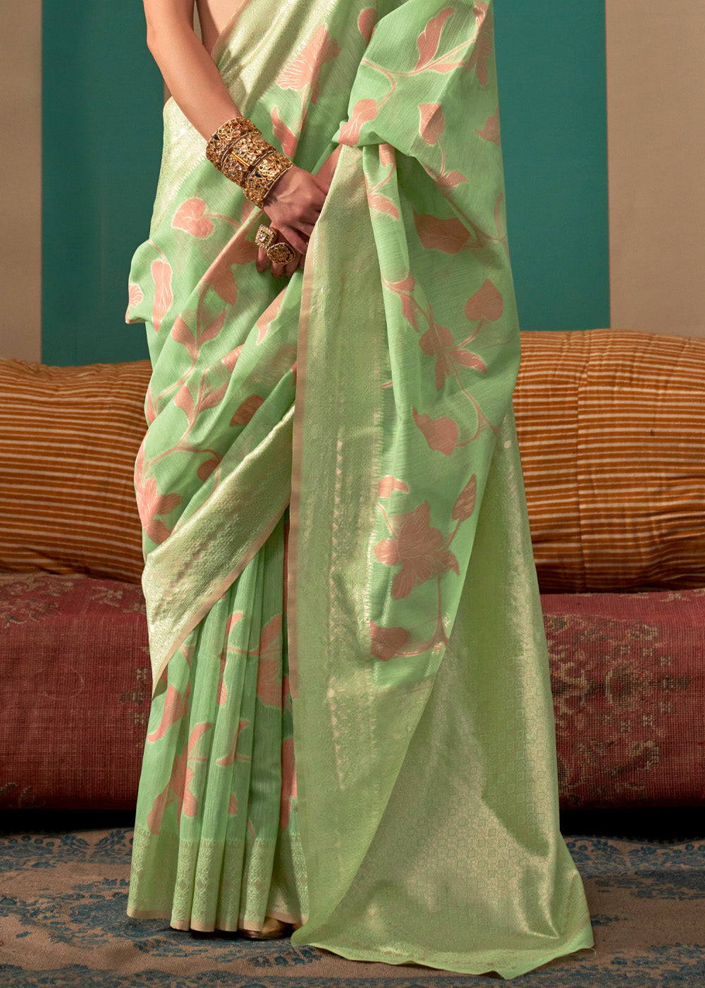 Pista Woven Cotton Silk Blend Linen Saree with Unstitched Blouse ClothsVilla
