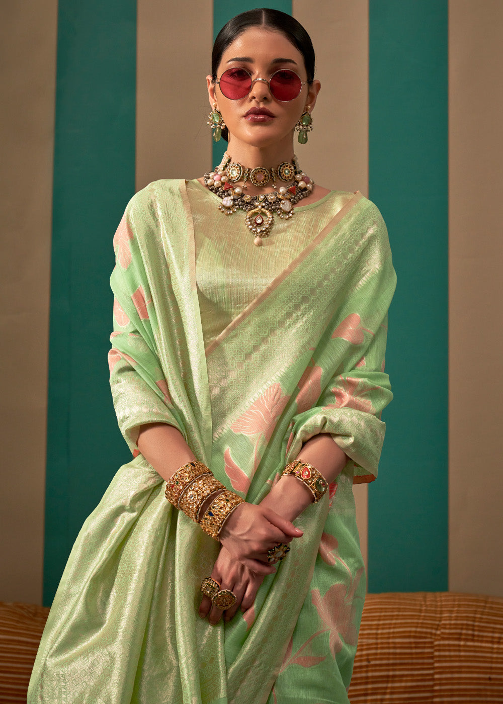 Pista Woven Cotton Silk Blend Linen Saree with Unstitched Blouse ClothsVilla