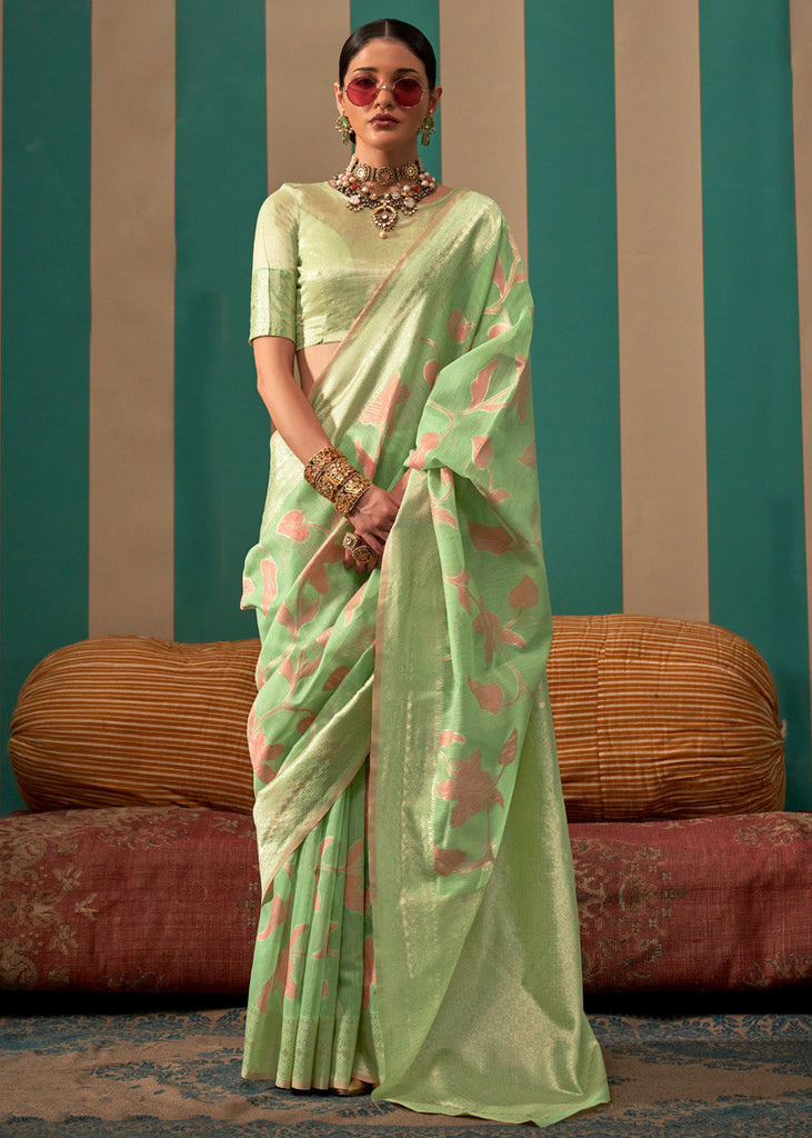 Pista Woven Cotton Silk Blend Linen Saree with Unstitched Blouse ClothsVilla