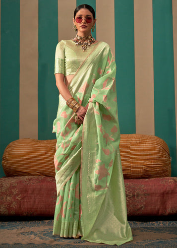Pista Woven Cotton Silk Blend Linen Saree with Unstitched Blouse ClothsVilla