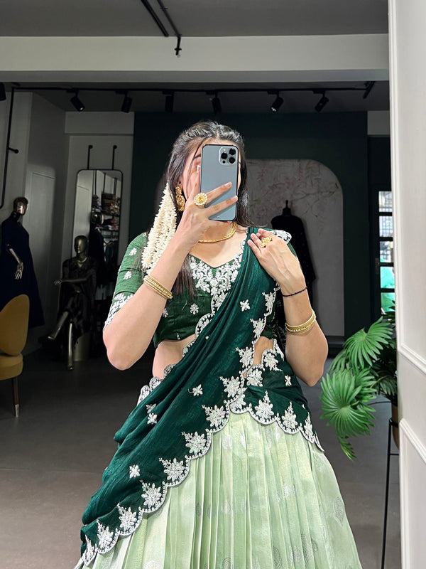 Pista Zari Kota Embroidered Lehenga Set with Vichitra Silk Dupatta – Sequins & Thread Work, Unstitched Blouse Clothsvilla