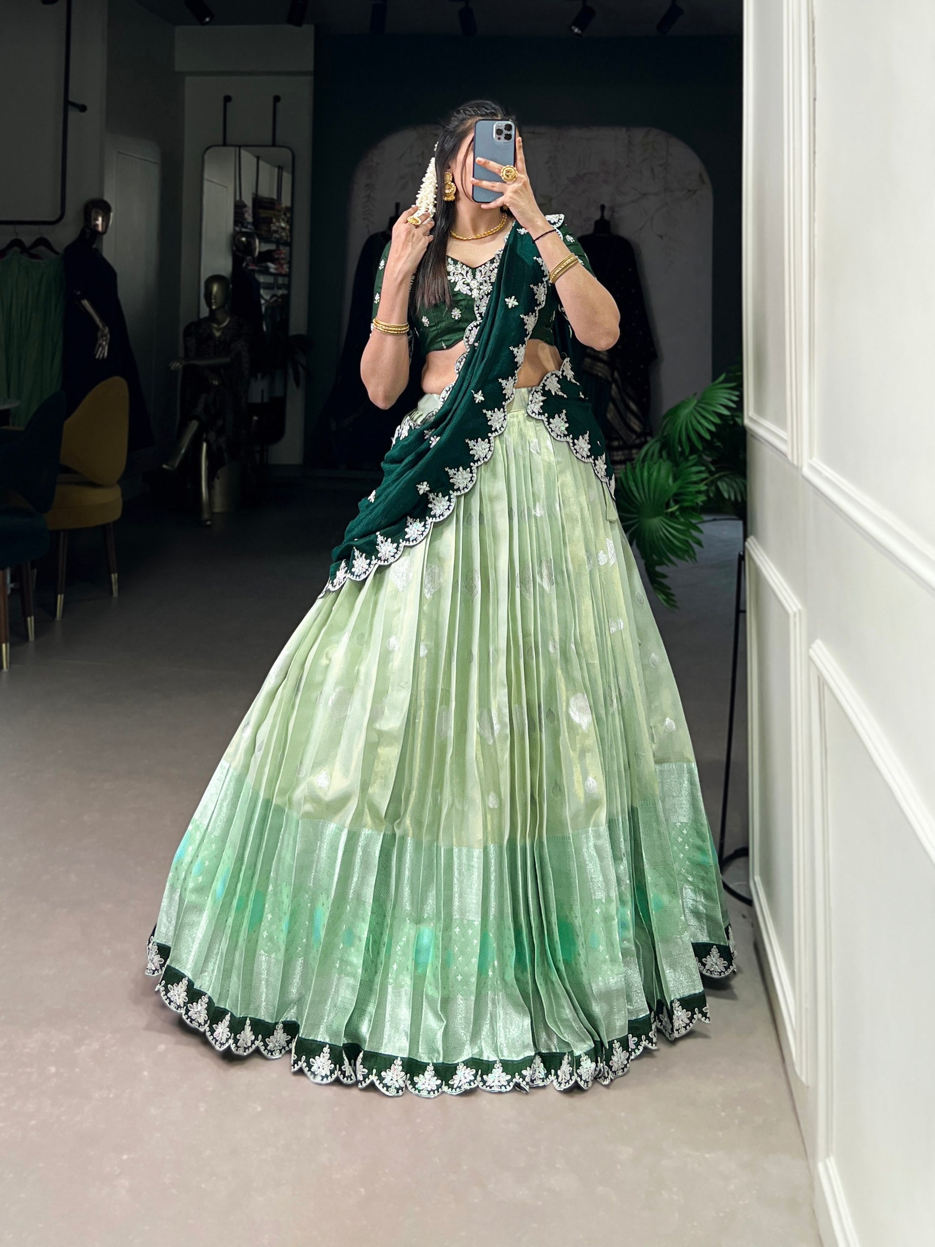 Pista Zari Kota Embroidered Lehenga Set with Vichitra Silk Dupatta – Sequins & Thread Work, Unstitched Blouse Secondary image