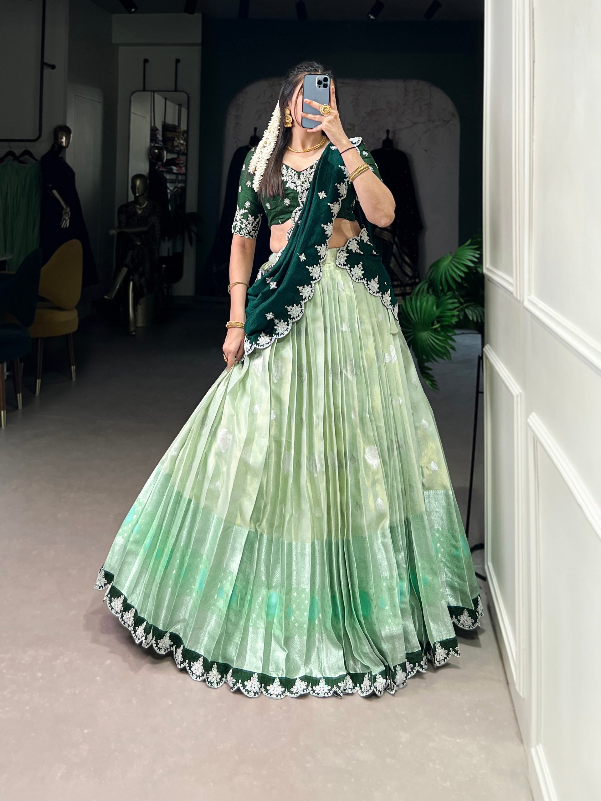 Pista Zari Kota Embroidered Lehenga Set with Vichitra Silk Dupatta – Sequins & Thread Work, Unstitched Blouse Clothsvilla