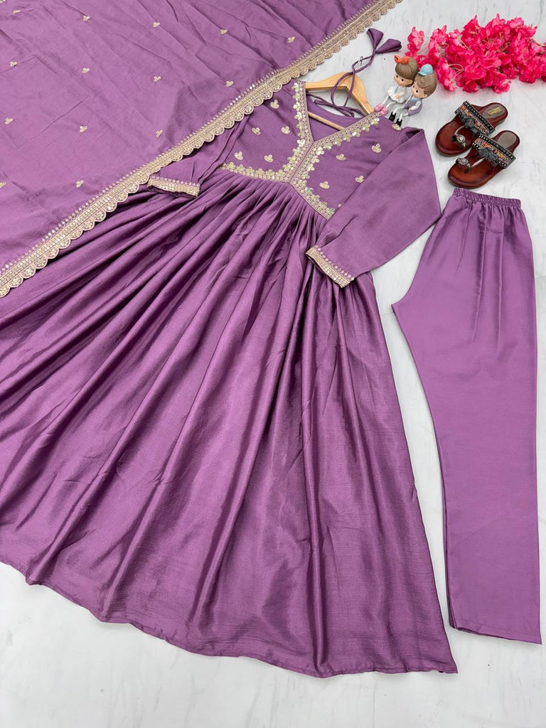 Plum Purple Premium Designer Party Wear Alia Cut Gown, Dupatta Set Clothsvilla