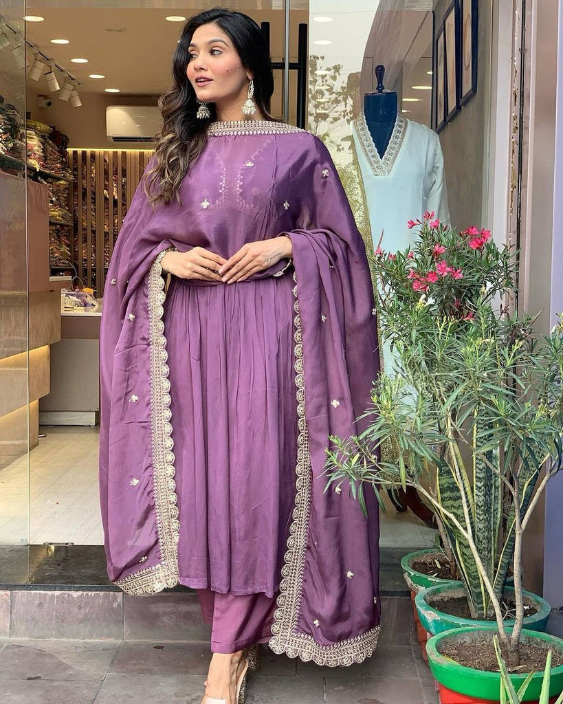 Plum Purple Premium Designer Party Wear Alia Cut Gown, Dupatta Set Clothsvilla