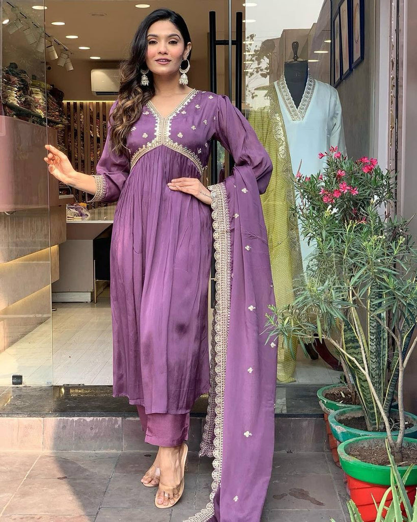 Plum Purple Premium Designer Party Wear Alia Cut Gown, Dupatta Set Clothsvilla