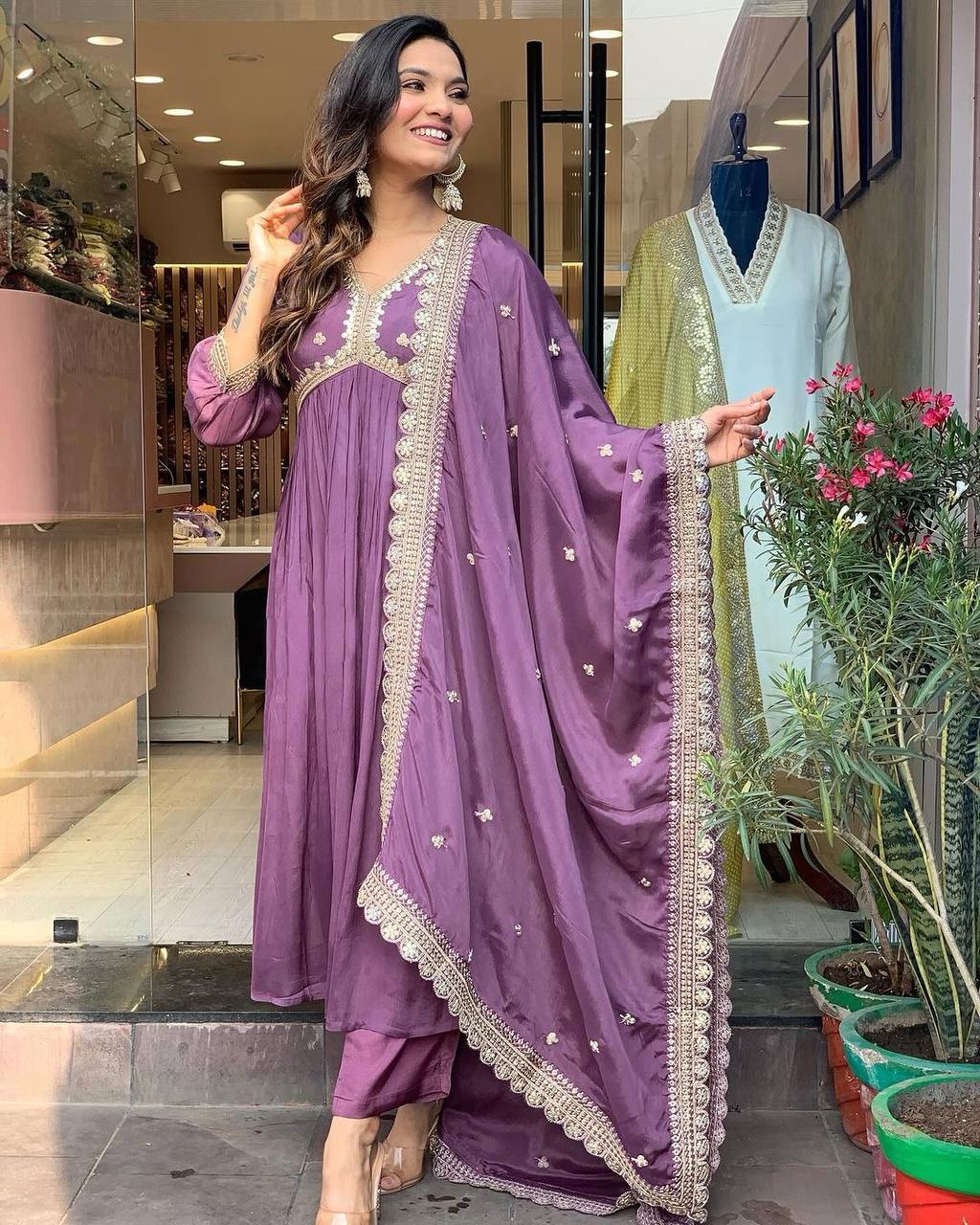 Plum Purple Premium Designer Party Wear Alia Cut Gown, Dupatta Set Secondary image