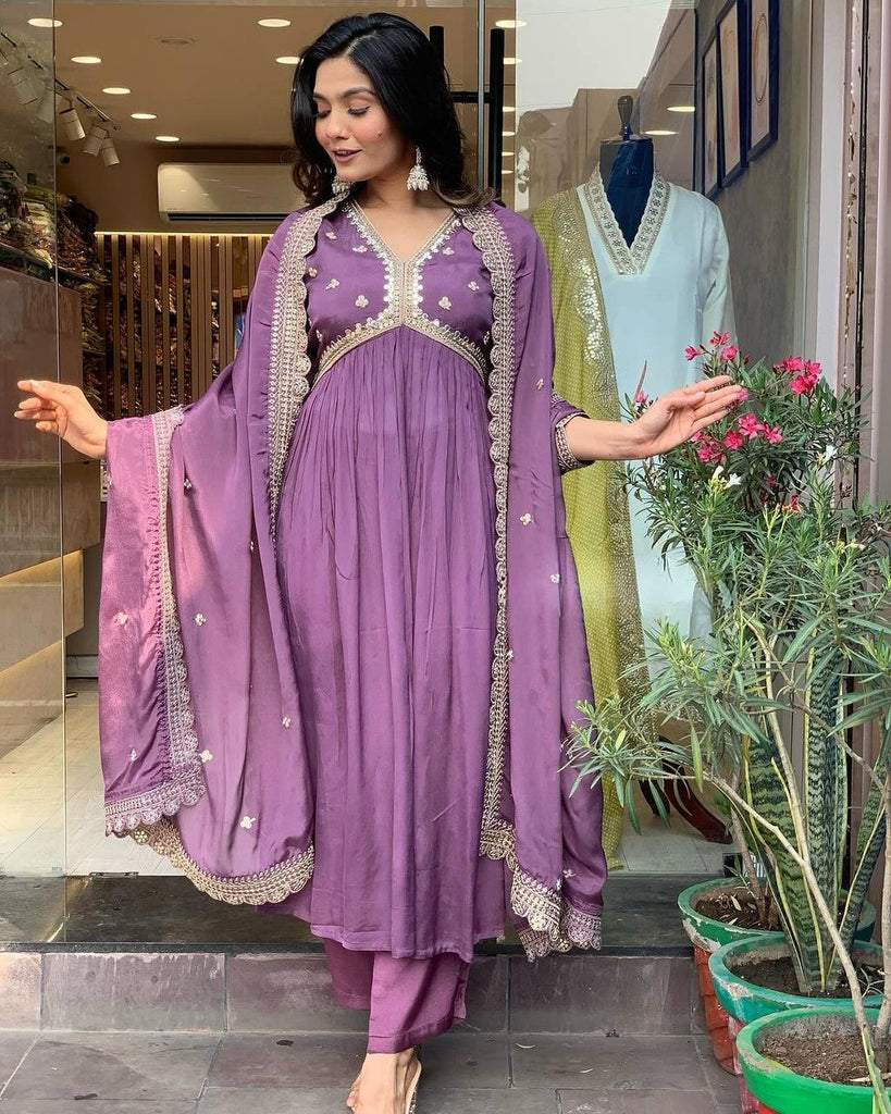 Plum Purple Premium Designer Party Wear Alia Cut Gown, Dupatta Set Clothsvilla