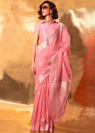 Powder Pink Royal Banarasi Silk Saree with Contrast Border & Designer Pallu – Wedding Special ClothsVilla