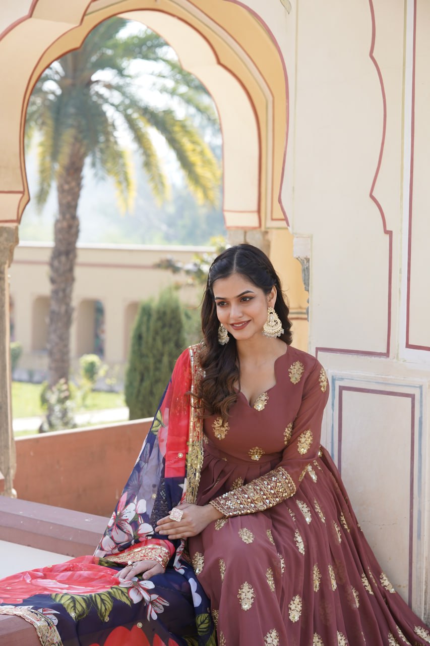 Premium Brown Designer Readymade Faux Georgette Gown with Zari & Sequin Embroidery, V-Neck, Full Sleeves & Dupatta ClothsVilla