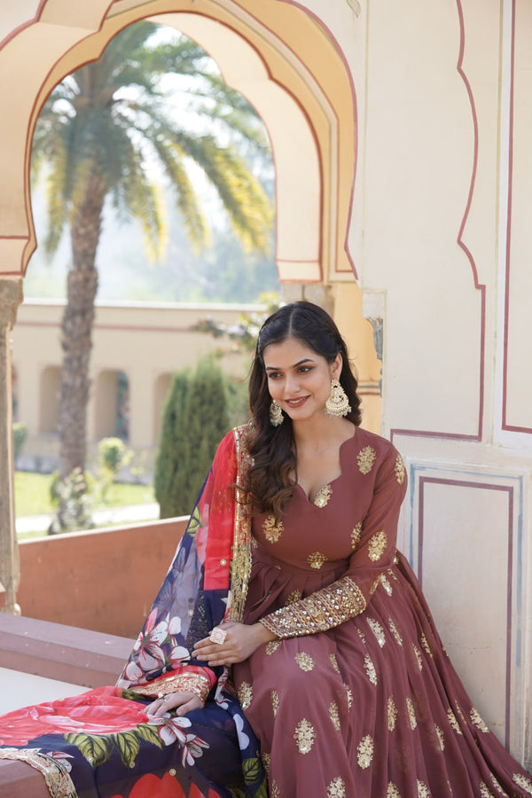 Premium Brown Designer Readymade Faux Georgette Gown with Zari & Sequin Embroidery, V-Neck, Full Sleeves & Dupatta ClothsVilla