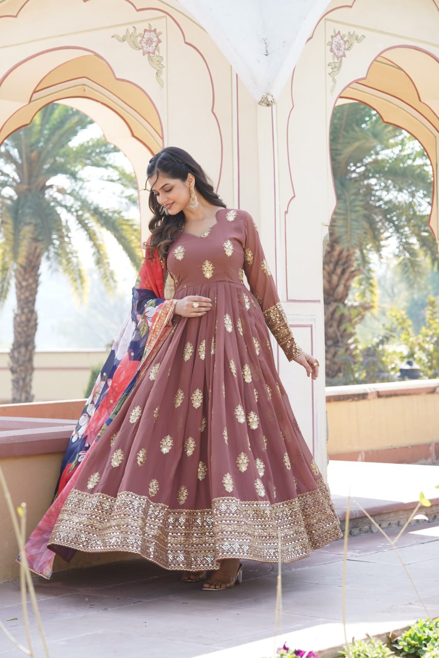 Premium Brown Designer Readymade Faux Georgette Gown with Zari & Sequin Embroidery, V-Neck, Full Sleeves & Dupatta ClothsVilla
