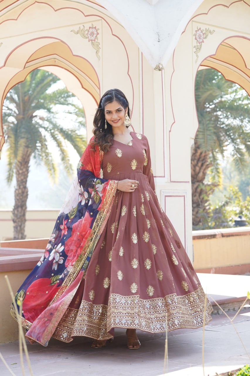 Premium Brown Designer Readymade Faux Georgette Gown with Zari & Sequin Embroidery, V-Neck, Full Sleeves & Dupatta ClothsVilla