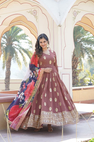Premium Brown Designer Readymade Faux Georgette Gown with Zari & Sequin Embroidery, V-Neck, Full Sleeves & Dupatta ClothsVilla