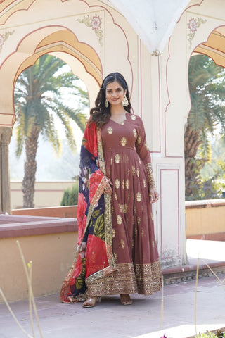 Premium Brown Designer Readymade Faux Georgette Gown with Zari & Sequin Embroidery, V-Neck, Full Sleeves & Dupatta ClothsVilla