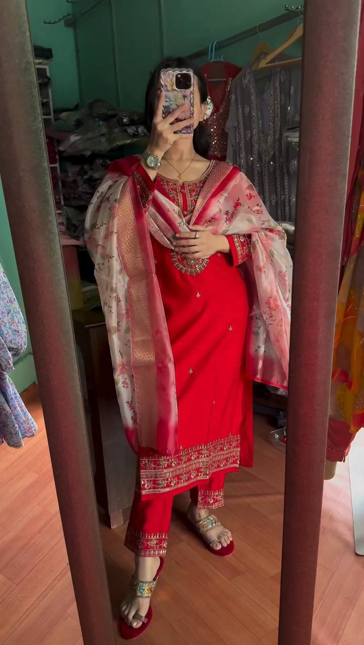 Red Premium Designer Readymade Top & Bottom Set with Elegant Dupatta – Party Wear Collection Clothsvilla