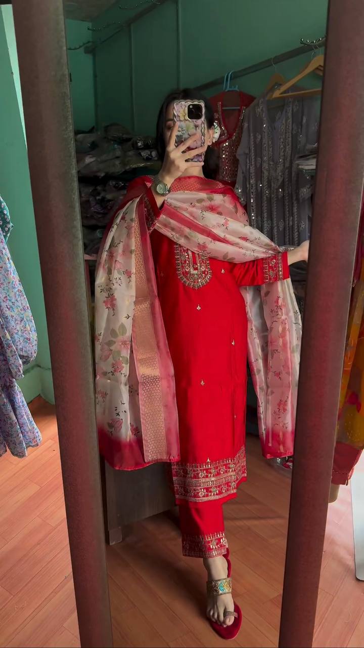 Red Premium Designer Readymade Top & Bottom Set with Elegant Dupatta – Party Wear Collection Clothsvilla