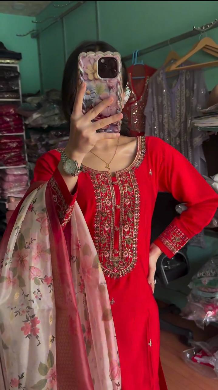 Red Premium Designer Readymade Top & Bottom Set with Elegant Dupatta – Party Wear Collection Clothsvilla