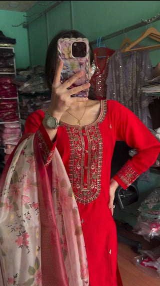Red Premium Designer Readymade Top & Bottom Set with Elegant Dupatta – Party Wear Collection Clothsvilla