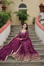 Load image into Gallery viewer, Premium Designer Readymade Top-Sharara-Dupatta  Sequins Embroidered Chinon Suit Wine (Copy) Clothsvilla