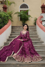 Load image into Gallery viewer, Premium Designer Readymade Top-Sharara-Dupatta  Sequins Embroidered Chinon Suit Wine (Copy) Clothsvilla