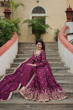 Load image into Gallery viewer, Premium Designer Readymade Top-Sharara-Dupatta  Sequins Embroidered Chinon Suit Wine (Copy) Clothsvilla