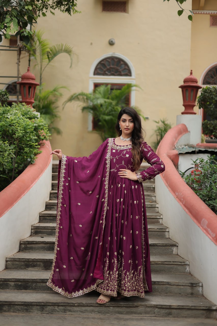 Premium Designer Readymade Top-Sharara-Dupatta  Sequins Embroidered Chinon Suit Wine (Copy) Clothsvilla Main image