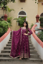 Load image into Gallery viewer, Premium Designer Readymade Top-Sharara-Dupatta  Sequins Embroidered Chinon Suit Wine (Copy) Clothsvilla