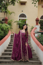 Load image into Gallery viewer, Premium Designer Readymade Top-Sharara-Dupatta  Sequins Embroidered Chinon Suit Wine (Copy) Clothsvilla