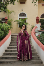 Load image into Gallery viewer, Premium Designer Readymade Top-Sharara-Dupatta  Sequins Embroidered Chinon Suit Wine (Copy) Clothsvilla